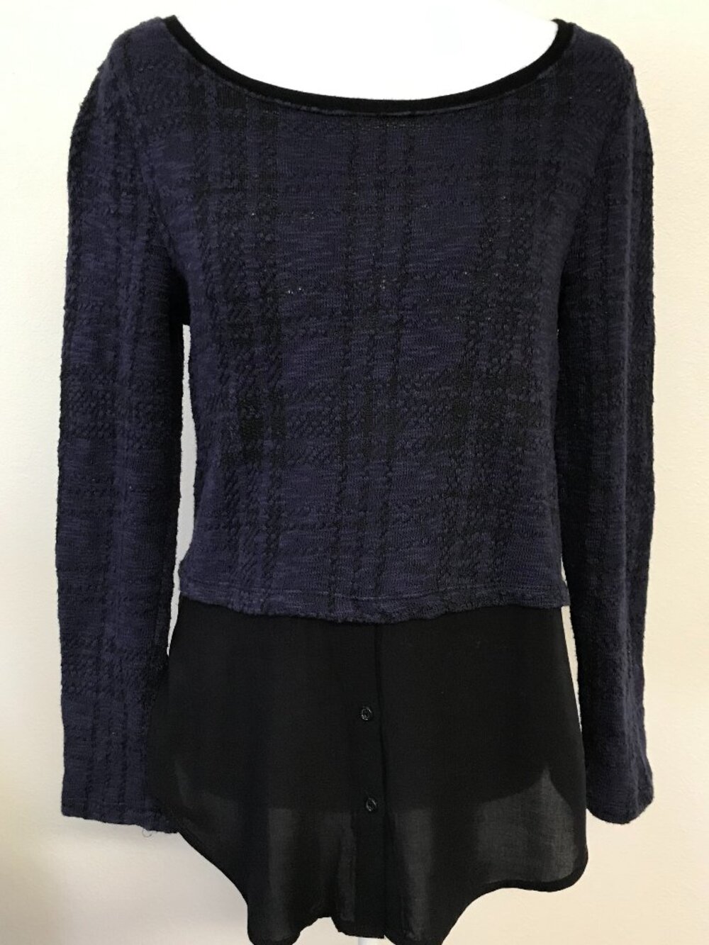 Sanctuary Mixed Media Sweater Top XS Indigo Black Layered Hem